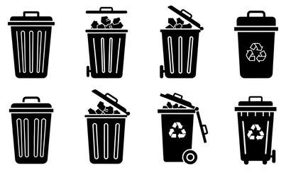 Vector art of collection of black silhouette trash cans and recycle bins for environmental awareness themes