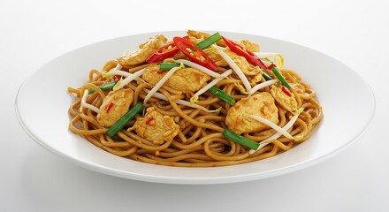 Delicious chicken stir-fry noodles shine brightly under soft studio lighting. AI Generated