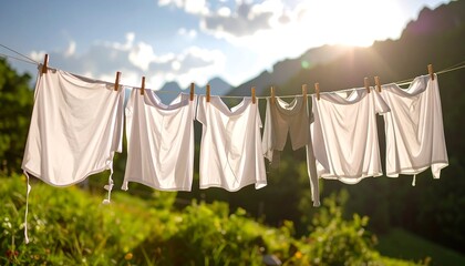 White laundry hangs on a clothesline outdoors with sunlight and green mountains in background