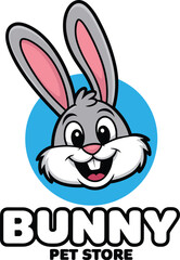 Cartoon bunny face with blue circle and text Bunny Pet Store Keywords: cartoon, bunny, rabbit, pet