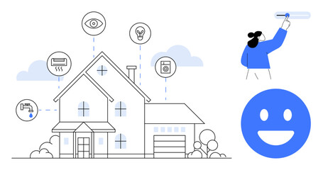 House connected to multiple smart systems including energy, security, and utilities. Smiling face and a person cleaning. Ideal for home automation, energy saving, sustainability, eco-living