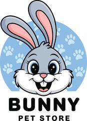 Cartoon bunny rabbit head logo for Bunny Pet Store with paw prints vector illustration
