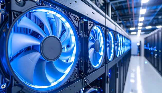 Close-up of server racks with glowing blue fans - Powered by Adobe