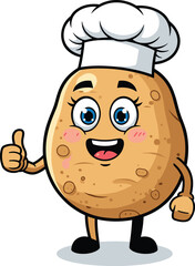 Cartoon Potato Chef Character with Blue Eyes, White Hat, Thumbs-Up Gesture, Fun Food Mascot Vector for Culinary Kids Content