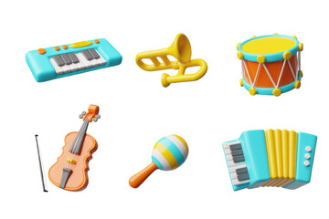 3D musical instruments set, synthesizer, drum, violin, trumpet, accordion, maracas.