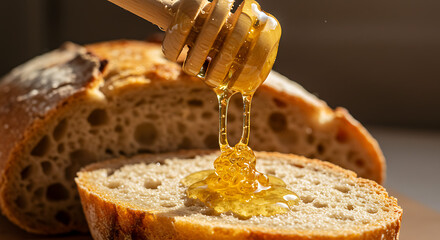 Golden honey, drizzled from a wooden dipper onto a rustic slice of freshly baked artisan bread, creates a wholesome and sweet morning delight, emphasizing natural ingredients and simple pleasure