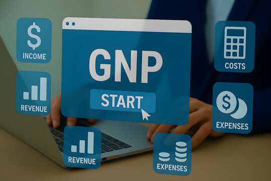 Gross National Product (GNP) ,Futuristic laptop UI visualizing GNP data.