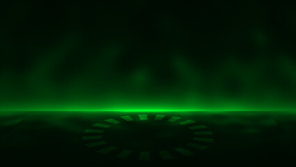 Green color glowing empty space or empty stage with rotating ring at the center