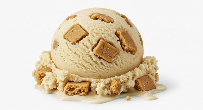 Creamy vanilla ice cream swirls generously studded with crunchy golden squares melts softly on a white background. AI Generated