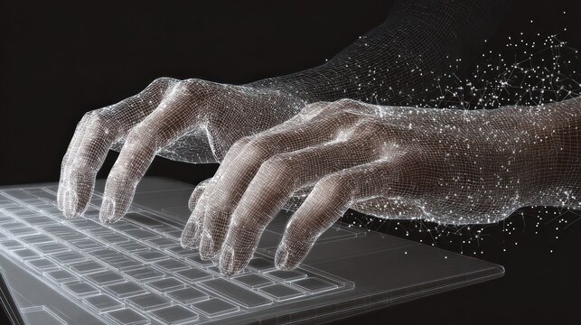 Hands typing on a keyboard, digital overlay