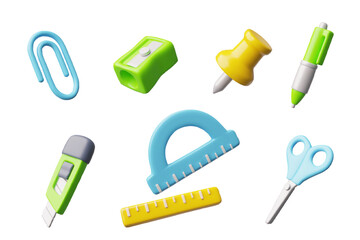 3D vector stationery set with paperclip, pen, knife, sharpener, scissors, tape measure.