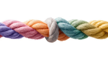 A close-up of colorful braided ropes, interwoven and tightly bound.  Pastel hues of yarn create a vibrant, harmonious design, forming a continuous line against a dark background