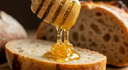Golden honey elegantly cascading onto a rustic slice of freshly baked artisan bread, promising a sweet and wholesome breakfast experience