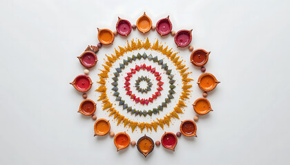 Overhead shot of diwali decoration with colorful diyas and circular rangoli on a white surface