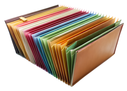 Colorful expanding file folder with many colorful pockets isolated on transparent background - Powered by Adobe