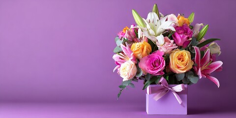 Fototapeta premium Bouquet of Roses and Lilies with Elegant Gift Box on Wooden Table Against Purple Wall with Copy Space