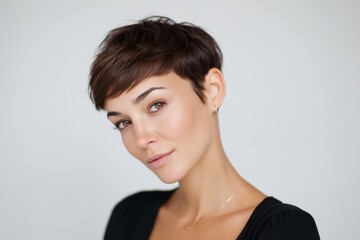 Fototapeta premium Woman with short brown hair and a black dress