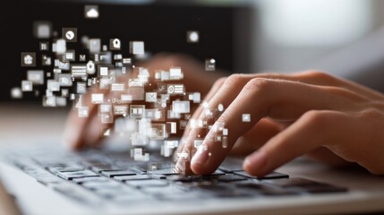 Hands typing on keyboard with digital icons