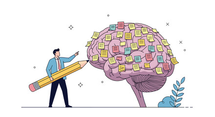 Man with pencil organizes ideas in brain covered with sticky notes