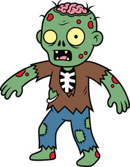 Cartoon zombie character with exposed brain, green skin, tattered clothes, humorous horror vector illustration for Halloween and spooky comic themes