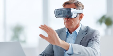 Man wearing a suit is playing a video game with a virtual reality headset