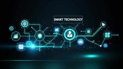 Smart technology network connecting business finance global ideas innovation and success icons on dark background with glowing lines and particles - Powered by Adobe