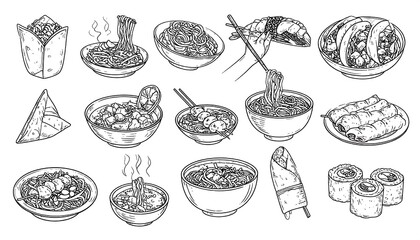 Hand-drawn illustration of various Asian foods in bowls, wraps, and containers