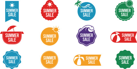 Obraz premium Summer Sale Badge Vector Set with Sun, Wave, and Beach Ball Icons