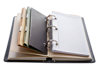 Open ring binder with blank pages and dividers isolated on transparent background