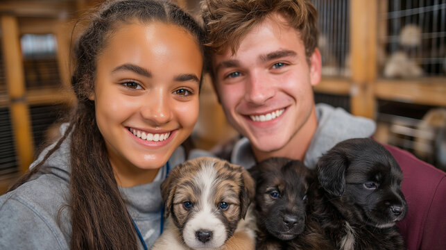 Couple Volunteering Together at an Animal Shelter with Puppies