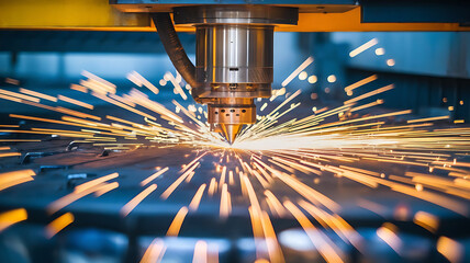 photograph showcases industrial laser cutting, capturing the precise moment of cutting metal, resulting in bright orange sparks