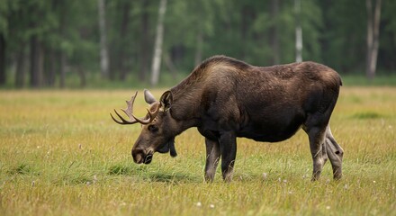 Obraz premium Majestic moose grazes peacefully in soft morning light lush green meadow. AI Generated