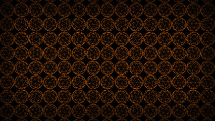 Orange color wired icosphere rotating slowly on black background, multiple spheres geometrical dark background