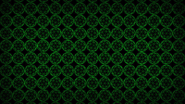 Green color wired icosphere rotating slowly on black background, multiple spheres geometrical dark background