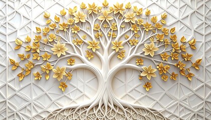 Ornate gold-toned tree of life on a white geometric background