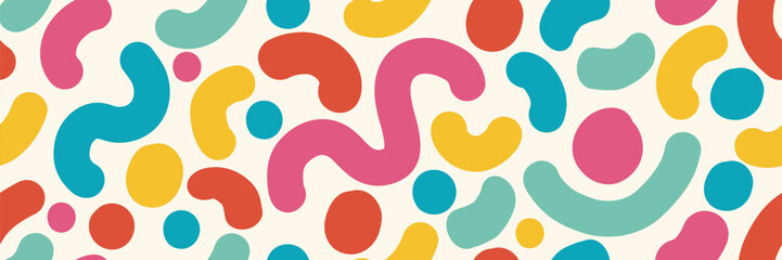 Colorful seamless confetti pattern with playful squiggle and geometric shapes. Bright abstract design for kids, birthday and festive backgrounds