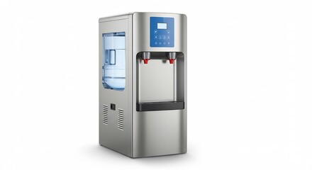 Sleek stainless steel water dispenser provides cool refreshing hydration. AI Generated