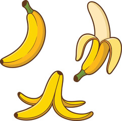 Three cartoon bananas, one whole, one peeled, and banana peels on a white background fruit food © rayhan039