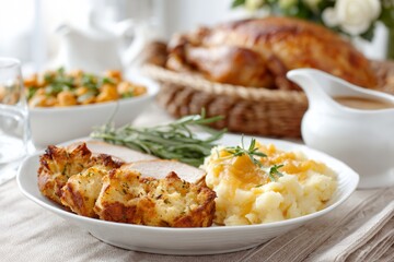 Plate of food with mashed potatoes, gravy, and turkey
