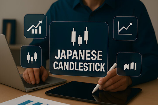 Japanese Candlestick Analysis ,Laptop holographic interface with candlestick chart analysis.