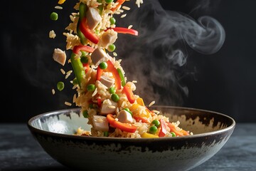 Steaming hot fried rice with chicken, peas, and bell peppers being tossed in a bowl with smoke rising