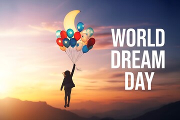 Child soaring with balloons towards moon on World Dream Day, inspiring hope and aspiration