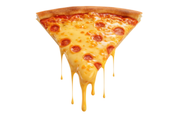 Delicious slice of pepperoni pizza with melted cheese dripping down isolated on transparent background