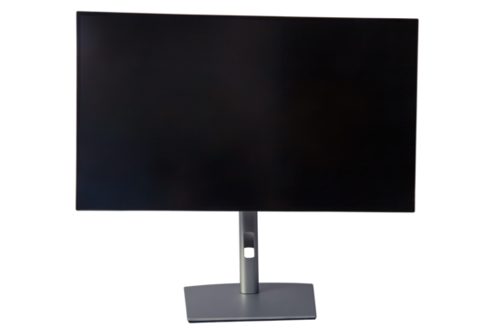 Black computer monitor screen isolated on transparent background, front view