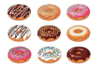 Collection of nine assorted donuts isolated on transparent background