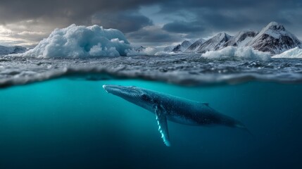 Majestic Whale Swimming Beneath Icebergs in Tranquil Ocean Scene
