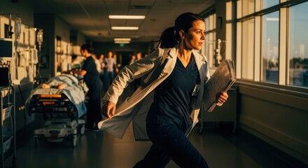 Female caucasian young doctor in hospital corridor during golden hour emergency
