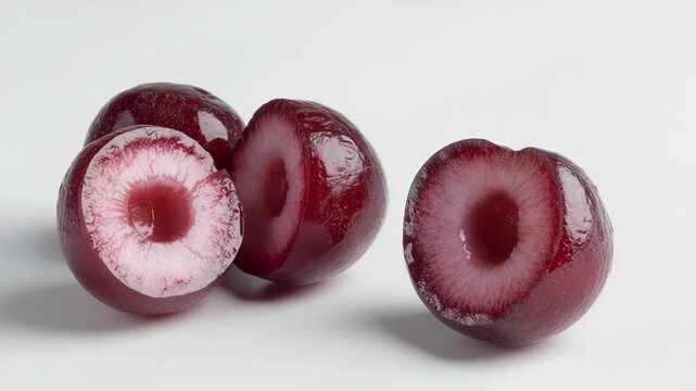 Fresh plum halves with pit removed, ideal for photography or graphic design