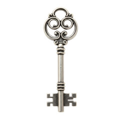 Ornate Antique Silver Key on Black Background
