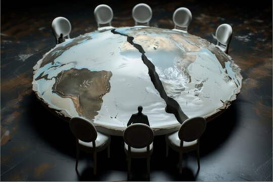 Cracked Globe on Round Table with People as Concept for Global Crisis

